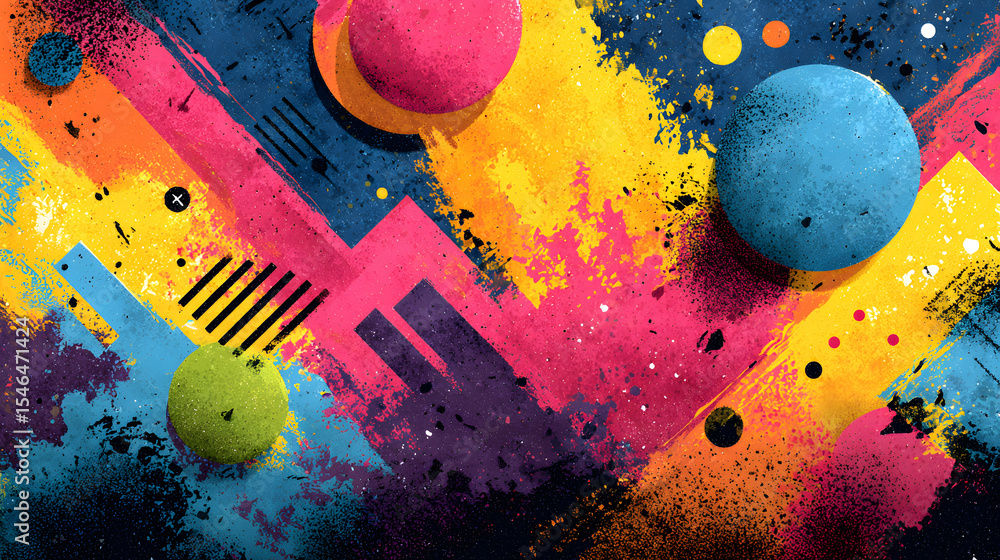 Poster vibrant abstract pop art colorful paint splash pattern background with memphis geometric shapes and 
