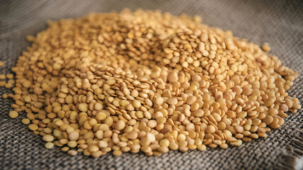 Obraz premium A photo of yellow lentils and beans on a burlap background.