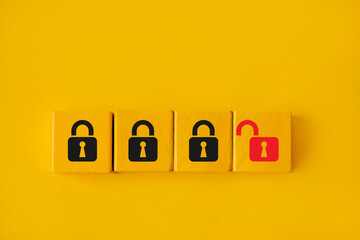 Lock and unlock padlock; Hacker attack and Cyber security concept 