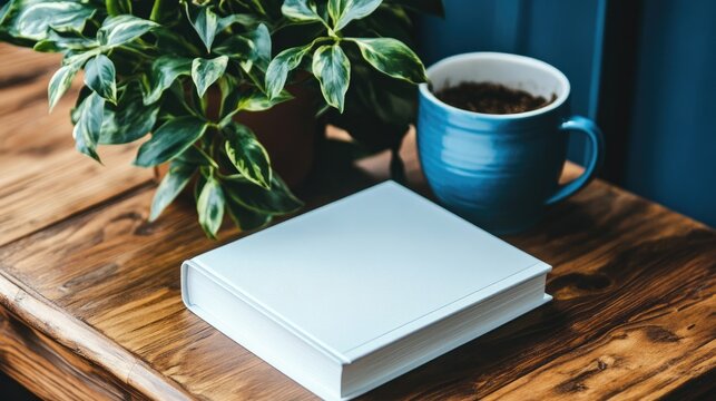 A light-colored book rests on a wooden table, accompanied by a vibrant blue mug and a leafy plant.