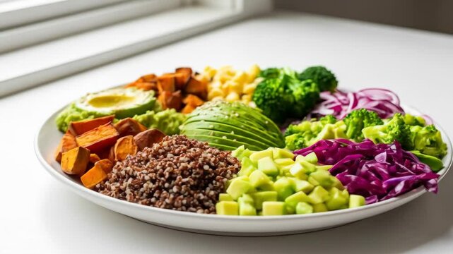 A beautifully arranged plant-based meal prep featuring colorful ingredients like sweet potatoes, greens, quinoa, and purple cabbage. Designed for visually rich food content.