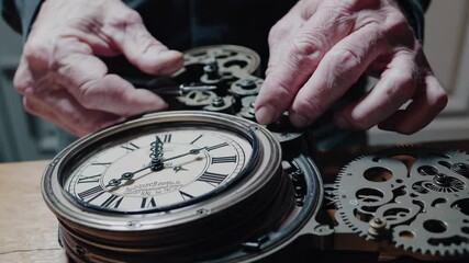 Master clockmaker repairs intricate timepiece with skillful hands in workshop setting