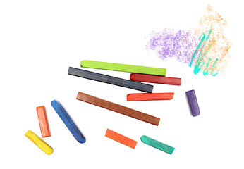 Grunge hand drawn colorful scribble hard pastel, isolated on white, top view