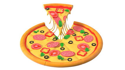 A delicious pizza with various toppings, including pepperoni, olives, and vegetables, showcasing melted cheese and a slice being pulled.