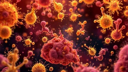 Red blood cells flowing in bloodstream with virus particles and abstract decorative background 4k abstract Animation video - Powered by Adobe