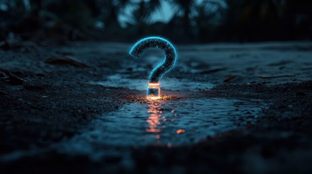A glowing question mark floating above wet sand at dawn, symbolizing intrigue, curiosity, and the unknown, inviting contemplation and exploration of life’s mysteries.
