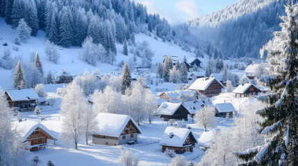 A serene village at the foot of a snow mountain, aerial shot
