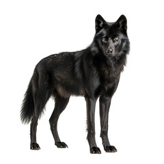Fototapeta premium Standing black wolf with alert expression isolated on transparent background