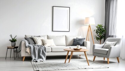Modern Living Room Interior with Blank Frame with Sofa, and Armchair  Decor Home Design.