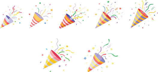 Exploding party popper with confetti set vector illustration