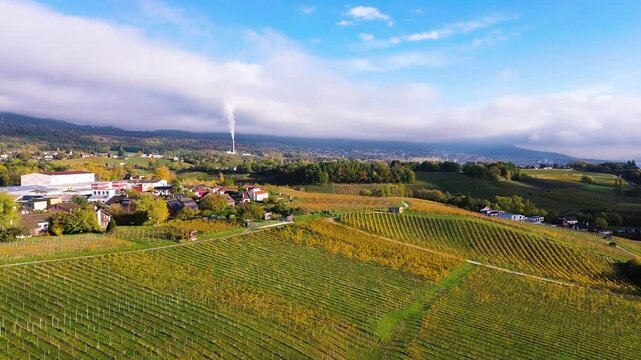 Aerial view of Swiss vineyards in spring with rolling hills, a small castle, and a vast sky. A breathtaking drone shot capturing the beauty of Switzerlands wine region. High quality FullHD footage