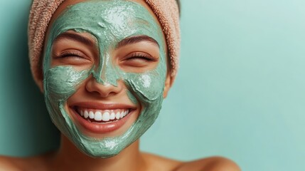 Fototapeta premium A joyful woman smiling with a green facial mask on, showcasing a refreshing beauty routine while exuding positivity and self-care in her skincare regimen.