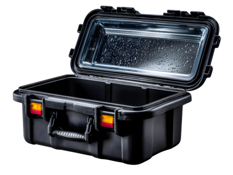 Black industrial plastic utility box with open-top design, garage-ready storage concept, sturdy and functional appearance, transparent to transparent background