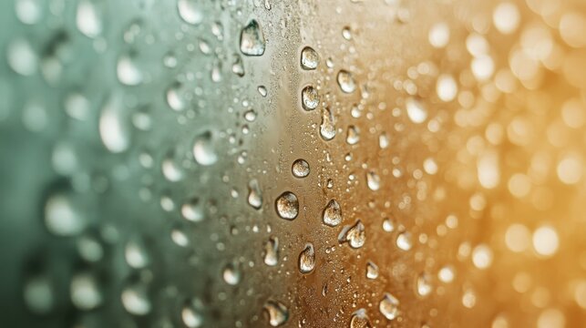A macro view of dew droplets on a glass surface creates a mesmerizing abstraction of color and light, evoking feelings of freshness and tranquility.