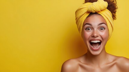 A vibrant young woman with curly hair joyfully smiles while wearing a yellow towel on her head, radiating positivity and warmth against a cheerful yellow backdrop.