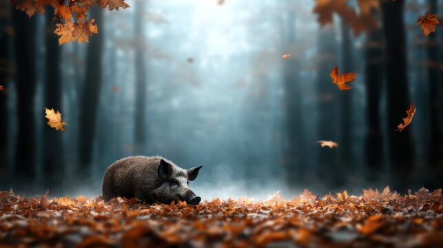 A wild boar leisurely sniffs the ground while surrounded by fallen autumn leaves, creating a serene and atmospheric setting in a misty forest filled with enigmatic beauty.