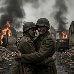 Naklejka premium War Brotherhood Soldiers Holding Each Other Amidst Destruction