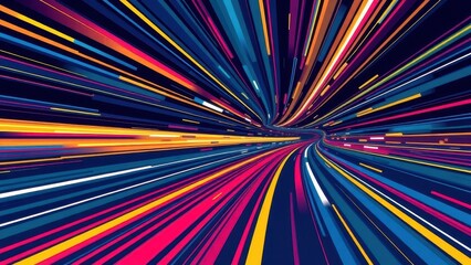 Abstract tunnel with colorful light trails conveys speed and movement