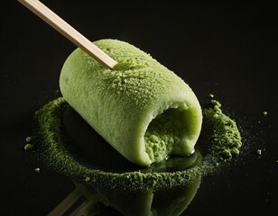 Matcha dessert with wooden sticks: Delightful close-up showcasing a matcha-flavored dessert, accompanied by a wooden stick, Ai generated image