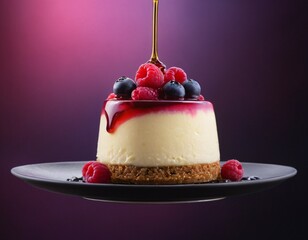 Mini Cheesecake with Berry Compote: A delectable mini cheesecake, adorned with fresh raspberries and blueberries, is drizzled with a luscious berry compote. Ai generated image