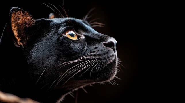 A striking close-up of a black cat looking up, capturing its curiosity and elegance. The contrast between its fur and gleaming eyes conveys a sense of mystery and allure.