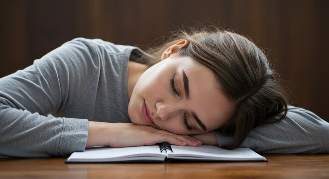 Young woman resting her head on an open notebook at a wooden table in a classroom