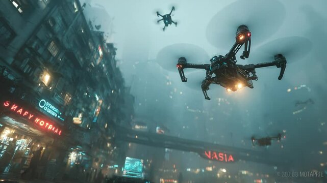 Futuristic cityscape with flying drones creating a cyberpunk atmosphere in a modern city