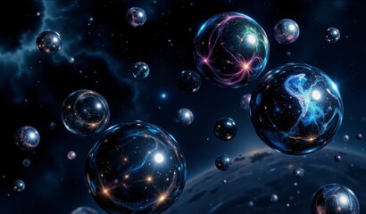 Floating Obsidian Spheres Reflecting Nebulae and Galaxies in Deep Space – Cosmic Mystery