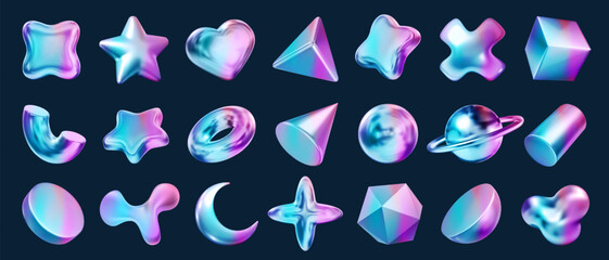 3d holographic shapes, geometric gradient object and vector y2k liquid icon with iridescent rainbow light and shiny metal texture. Hologram figure, heart, cylinder, star, ring and futuristic element.