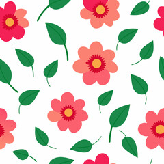 Seamless Red Flower Pattern with Green Leaves