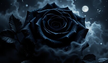 Obraz premium Black Rose Nebula Bloom: Iridescent Petals, Gravitational Distortion, Serene Moonlight