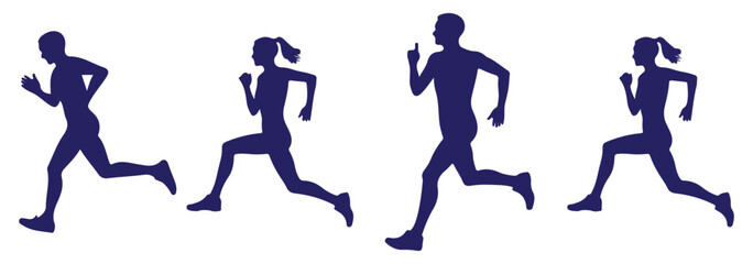 Men and women Running, People doing running exercises are isolated on a white background. jogging exercise silhouette set. Man and Woman silhouettes. Variety Design. EPS 10