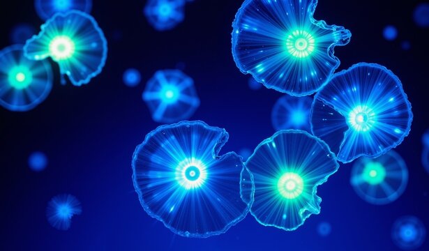 Bioluminescent Jellyfish-Like Crystals Floating in Deep Indigo Void, Ethereal Glow
