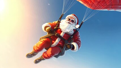 santa claus flying with paraglider in winter christmas cartoon illustrated animation - Powered by Adobe
