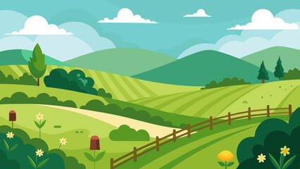 Countryside Nature Landscape Vector Green Fields and Flowers
