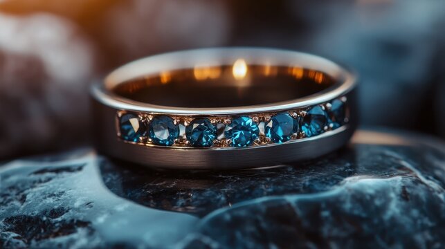 A captivating blue gemstone ring displayed on a textured rocky surface, showcasing exquisite craftsmanship and elegance, perfect for engagement or special occasions.