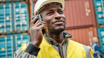 Foreman communicating with walkie talkie in container terminal - Powered by Adobe