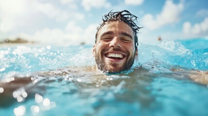 A happy man with a broad smile enjoying a refreshing swim, embodying the joy and thrill of summertime fun and carefree aquatic leisure activities.
