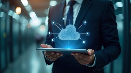 Business Professional Leveraging Cloud Computing on Tablet Device, Data Networking, Technology Integration, Corporate Solutions, and Digital Transformation in Modern Office Environment. Vector