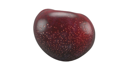 A close-up view of a shiny, dark red fruit with a smooth surface and small speckles, resembling a berry.