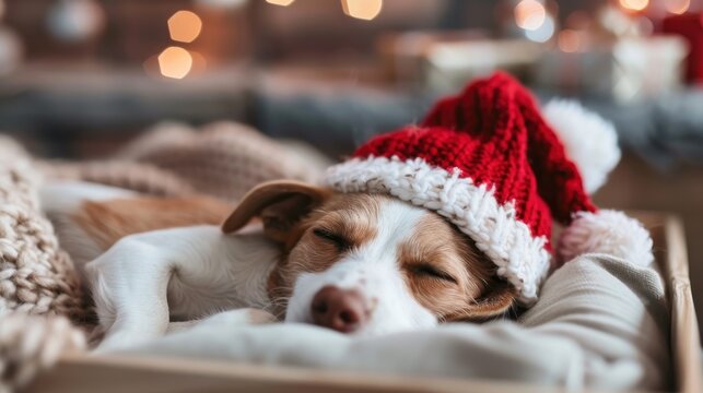 An adorable dog peacefully sleeping in a cozy environment, wearing a playful red and white knit Christmas hat, evoking warmth and festive charm during the holiday season.