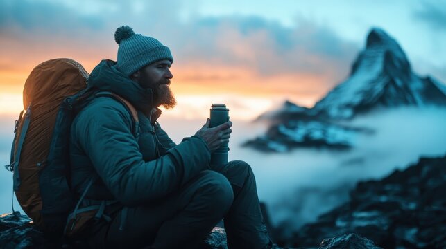 A solitary hiker pauses to enjoy a warm drink during a stunning sunset in the mountains, capturing the beauty of nature and the tranquility of outdoor adventures.
