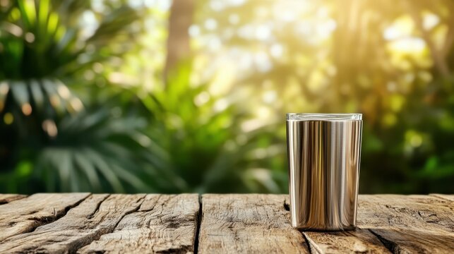 A sleek metal cup sits atop a rustic wooden table, surrounded by lush greenery and natural sunlight, evoking a sense of tranquility and appreciation for nature's beauty.