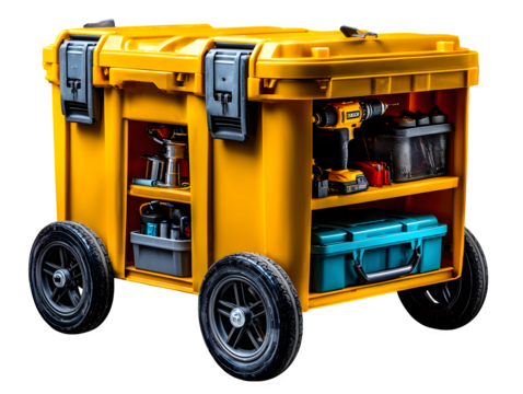 A heavy-duty wheeled toolbox with side compartments open, exposing layers of power tools and accessories, product-style shot on white, isolated to transparent background - Powered by Adobe