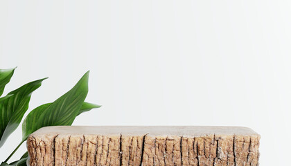 Wooden product display podium with nature leaves on white background. 3D rendering