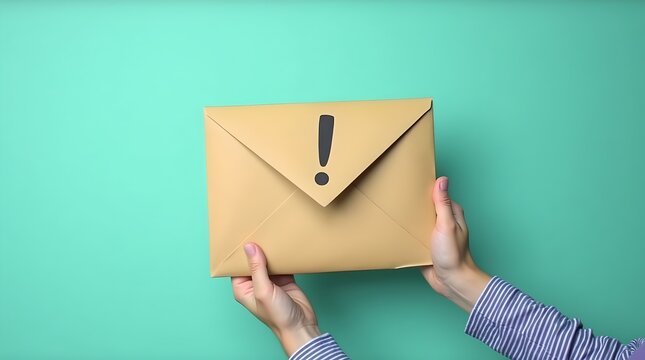 Urgent Message Delivery: Hands Holding Envelope with Exclamation Mark on Mint Green Background - Powered by Adobe