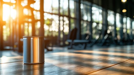 An elegant stainless steel canister sits on the polished wooden floor of a modern yoga studio, capturing the essence of fitness and tranquility in a well-lit, artistic space.