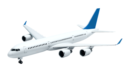 Sleek Modern Airliner Design Featuring a White Body and Blue Accents, Ideal for Aviation and Travel Branding, Isolated on Transparent and White Background