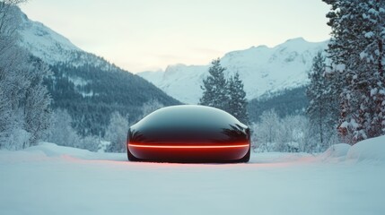 A sleek, futuristic car appears in a snowy mountain landscape, embodying innovation and advanced technology against a backdrop of natural beauty and tranquility.