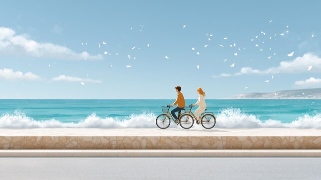 Couple biking along a tranquil beach, enjoying a serene day. - Powered by Adobe